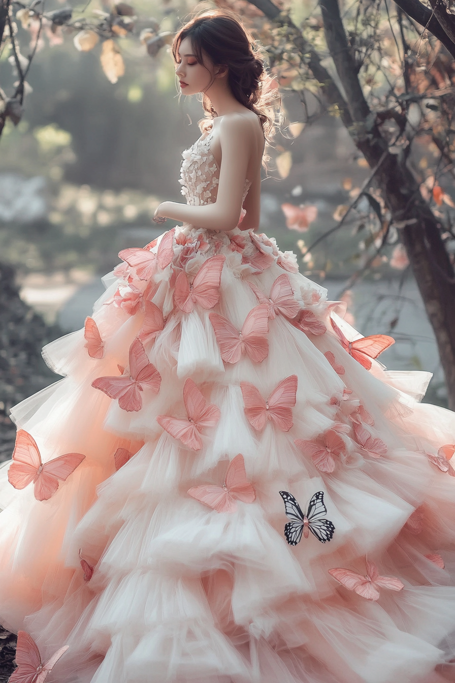 Wedding ball gown. Tulle layers and blush pink butterfly appliques.