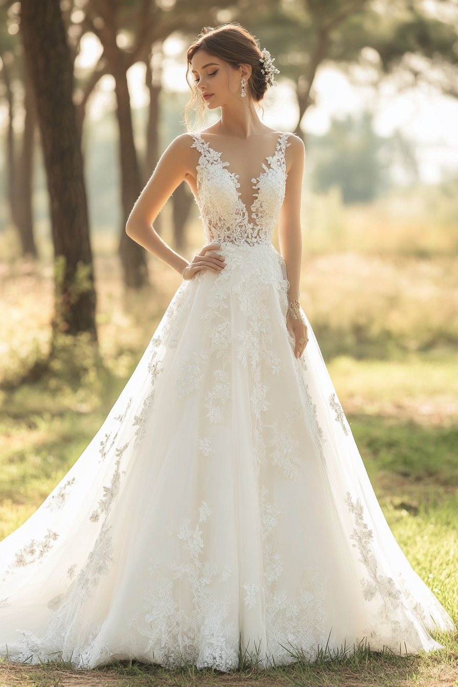 Wedding gown feature. Crystal-encrusted A-line silhouette with floral embroidery.