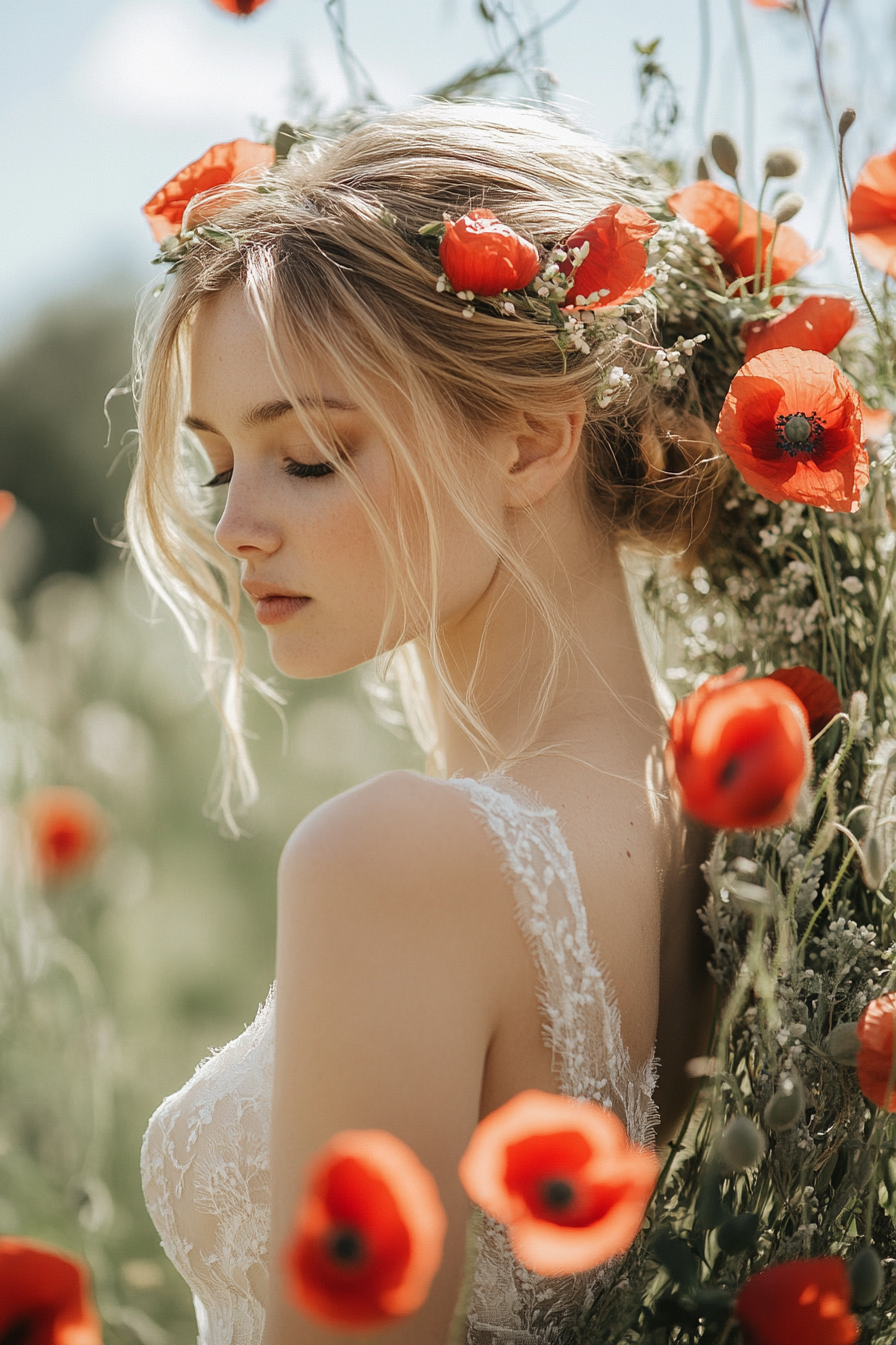 Wedding ceremony backdrop. Eucalyptus wreath intertwined with wild red poppies.