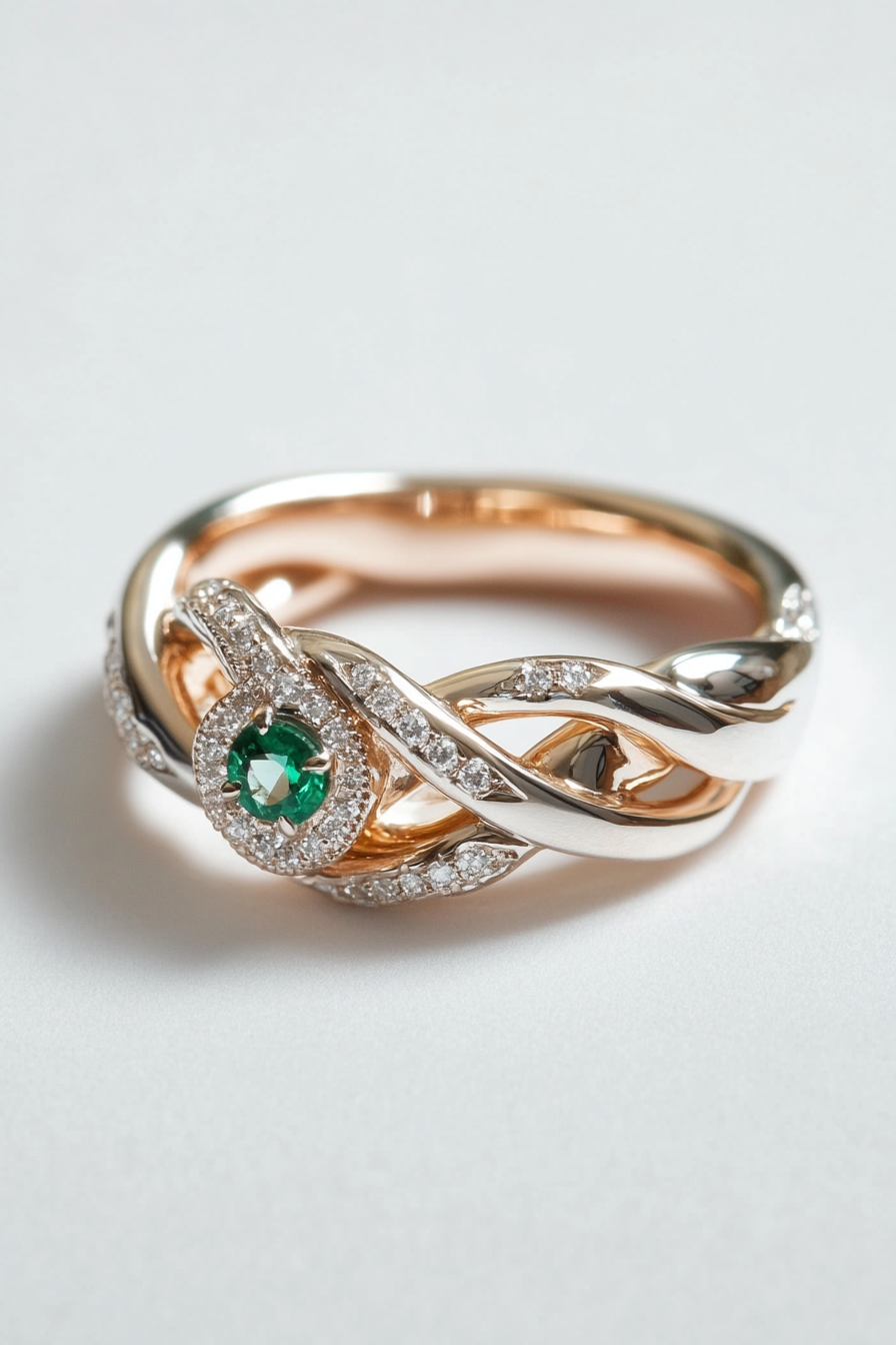 Wedding ring collection. Rose and white gold twist band with a hidden emerald.