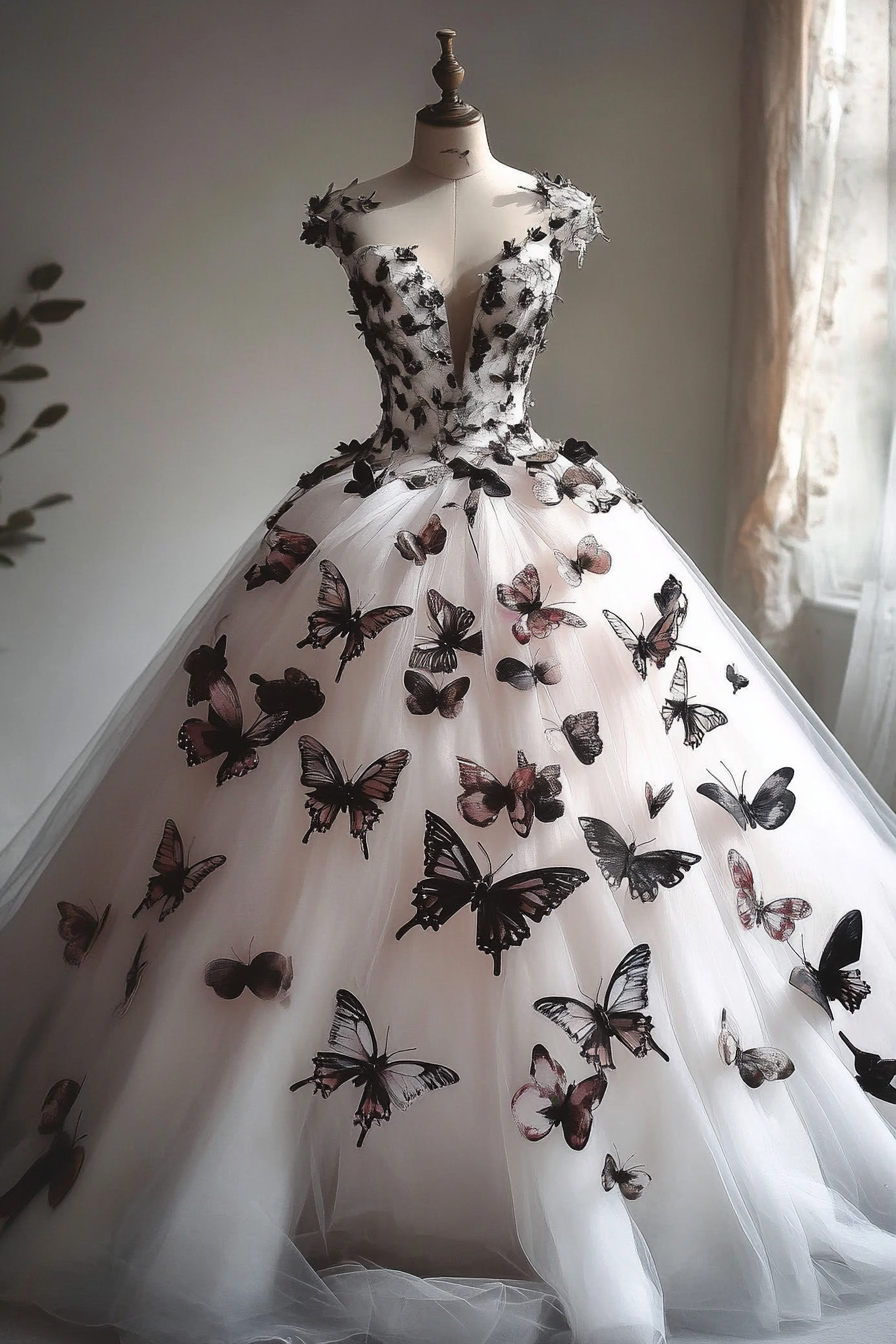 Wedding ball gown. Soft tulle layers, intricate butterfly appliques.