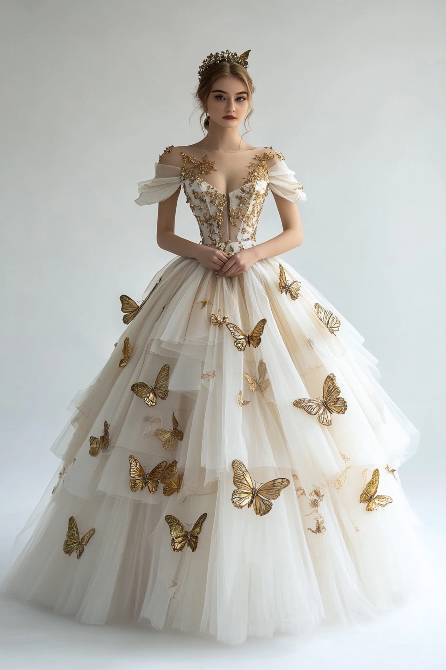 Wedding ball gown. Tulle layers with gold butterfly appliques.