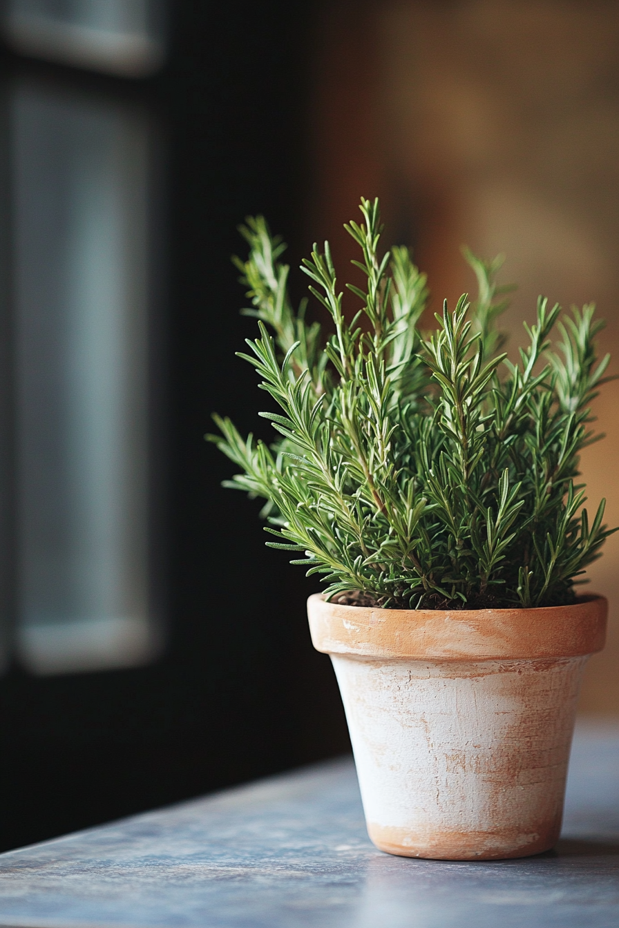 Wedding reception setup. Rosemary centerpiece in a white, terracotta potted vase.