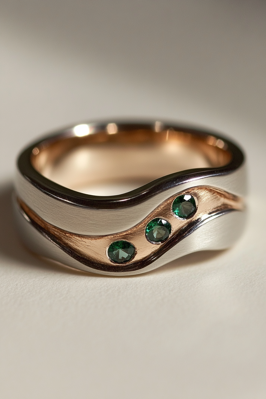 Wedding ring. Mixed metal interspersed with custom hidden emeralds.