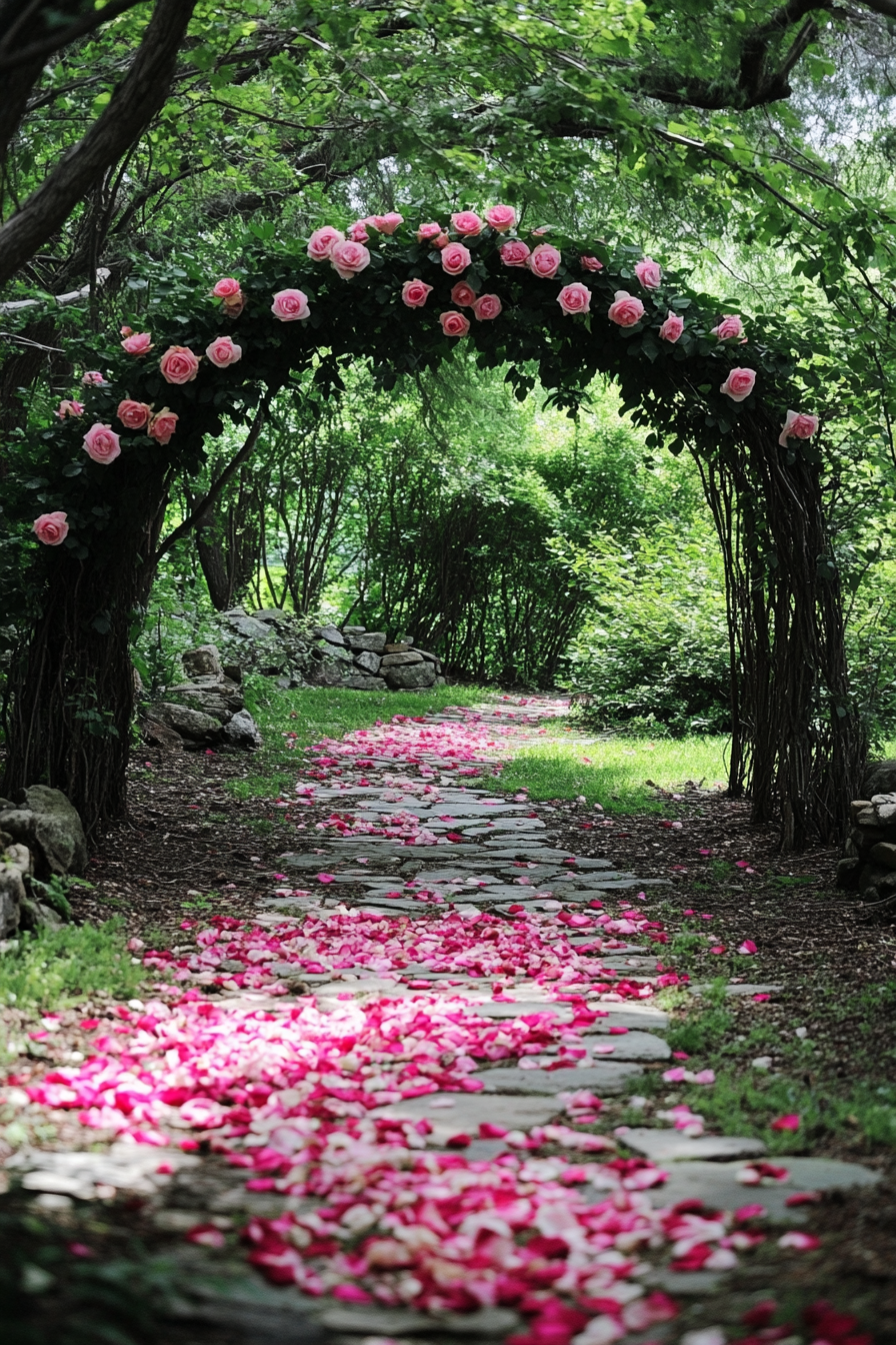 Wedding ceremony. Petal-strewn path leading to blossom-laden rosette rose arch.