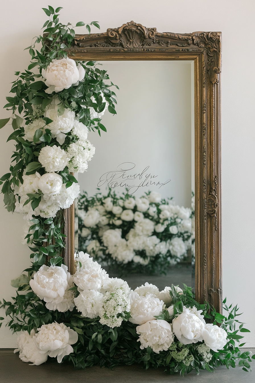 Wedding Entrance Display. Mirror calligraphy on an antique full-length mirror surrounded by white peonies.