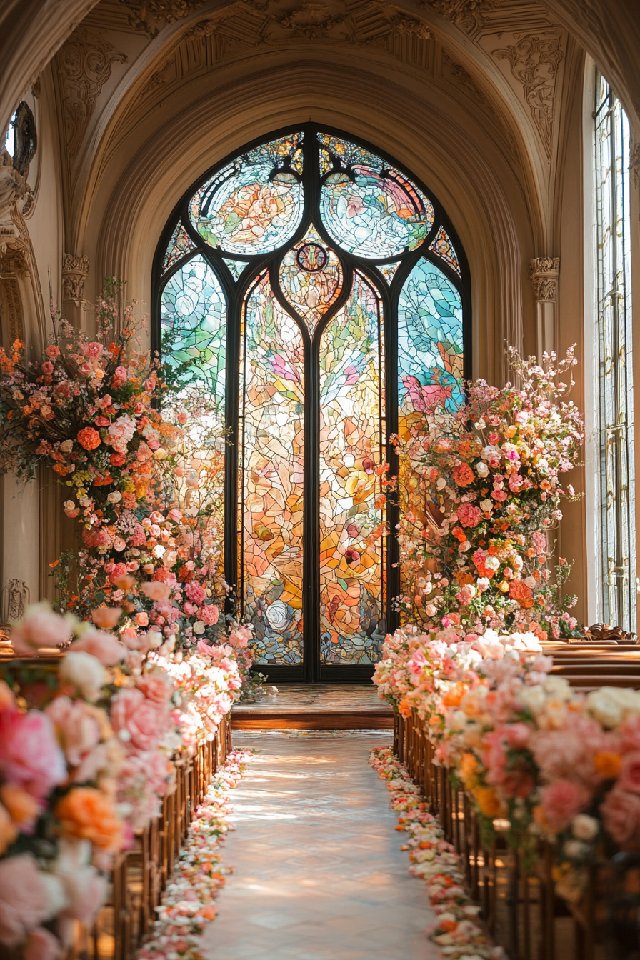 Wedding ceremony setting. Flower-lined aisles, stained glass backdrop with intricate designs.