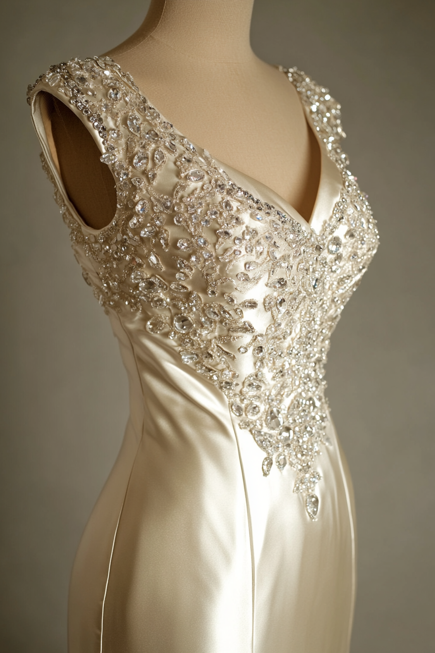 Wedding gown. Ivory satin, cathedral train, bodice adorned with crystals.