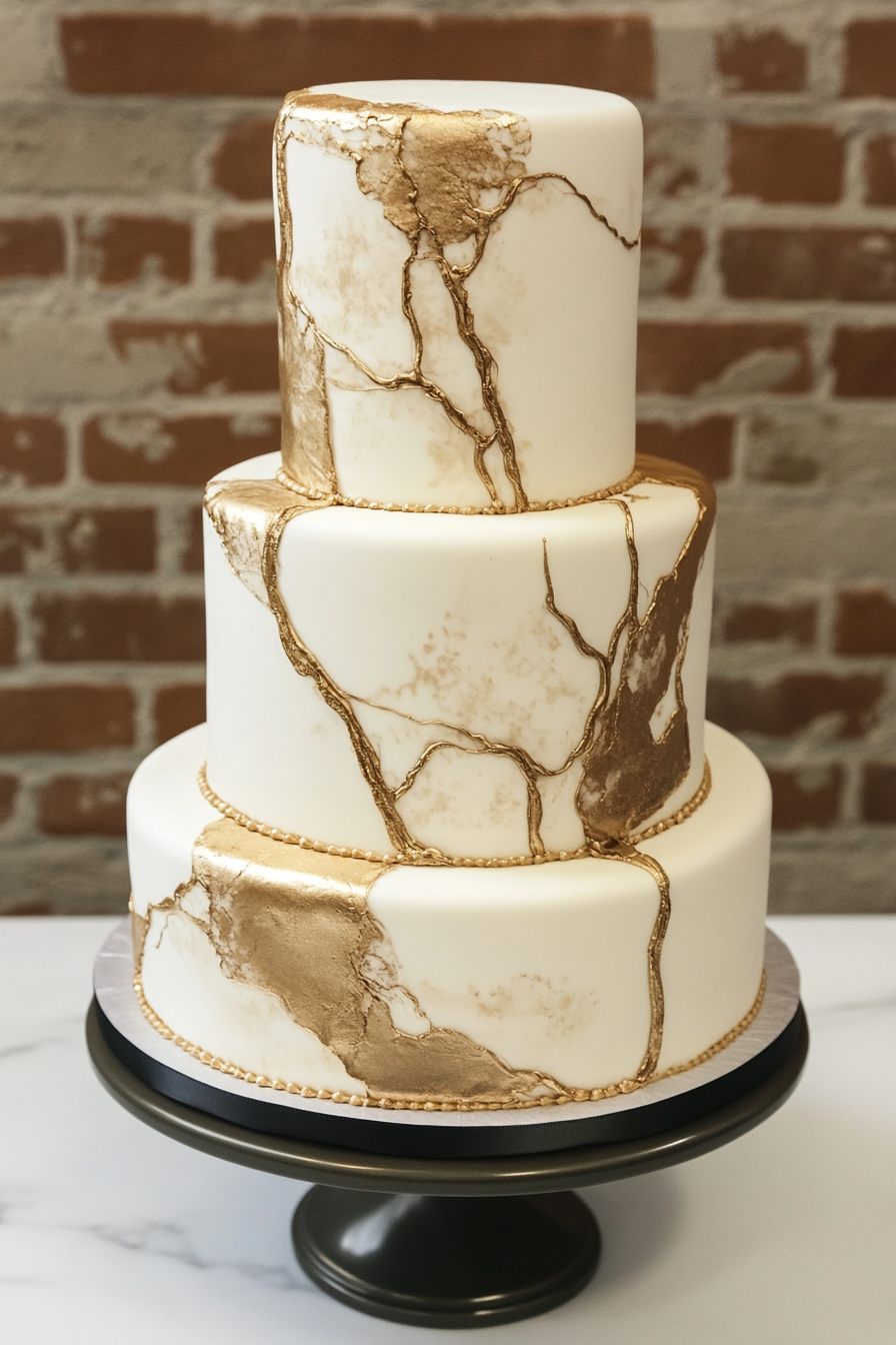 Wedding cake design. Three-tier fondant cake with golden veining and metallic accents.