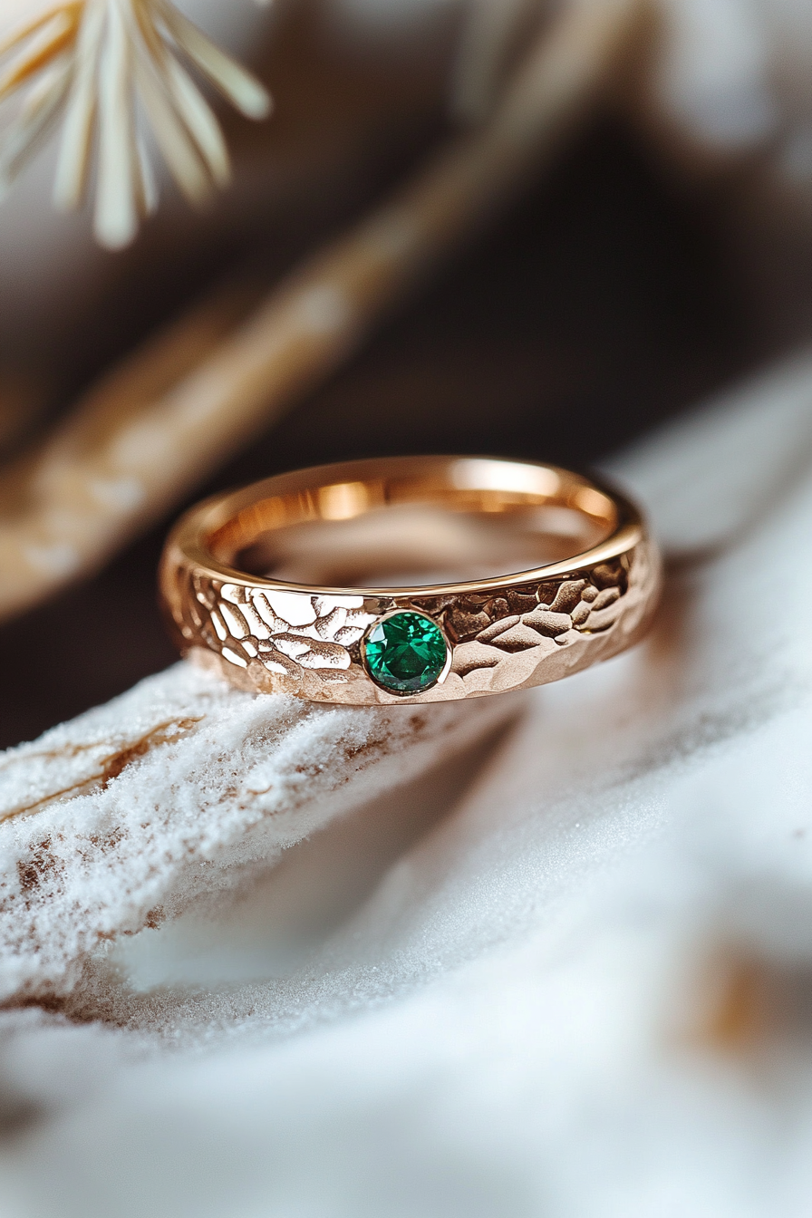 Wedding Ring Collection. Rose gold band with hidden emerald.