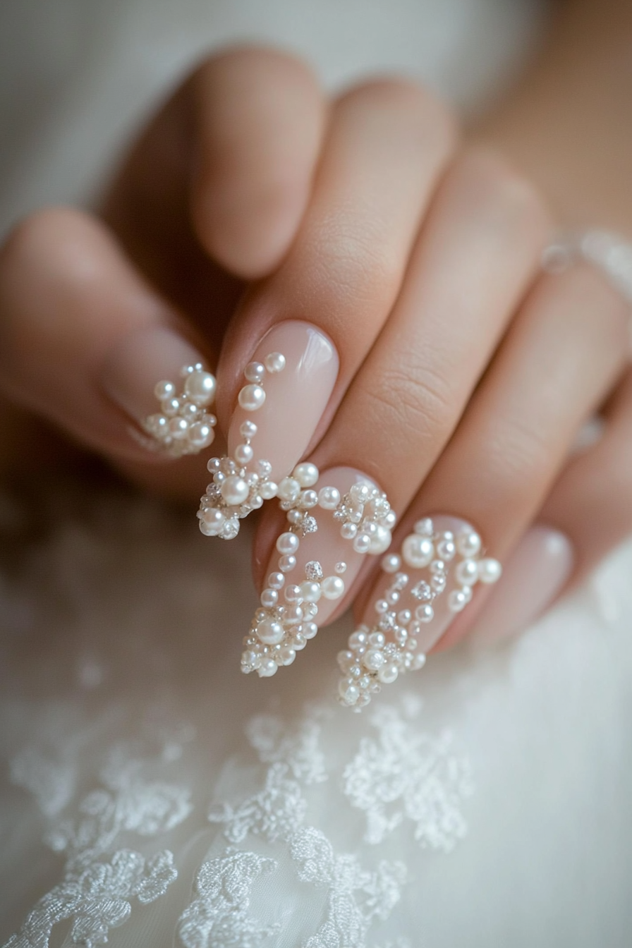 Wedding manicure. French tips with pearl clusters.