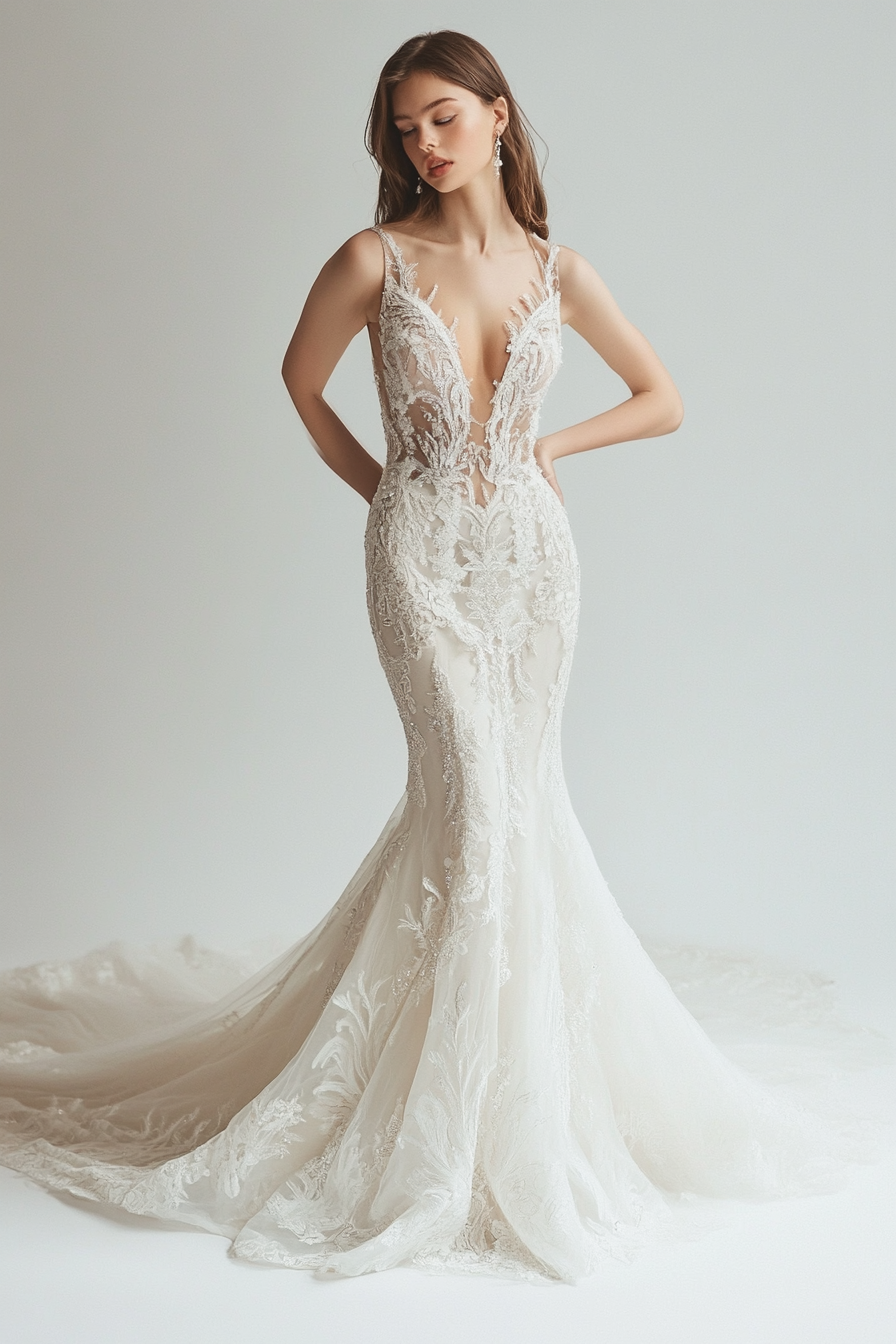 Wedding gown collection. Siren-style dress with cathedral train, crystalized bodice.