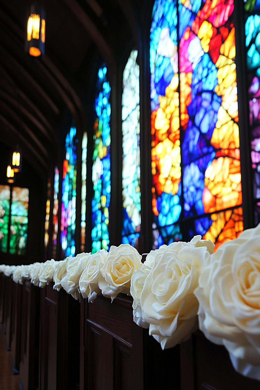 Wedding setting. Ivory roses cascading on mahogany pews with vibrant stained glass backdrop.