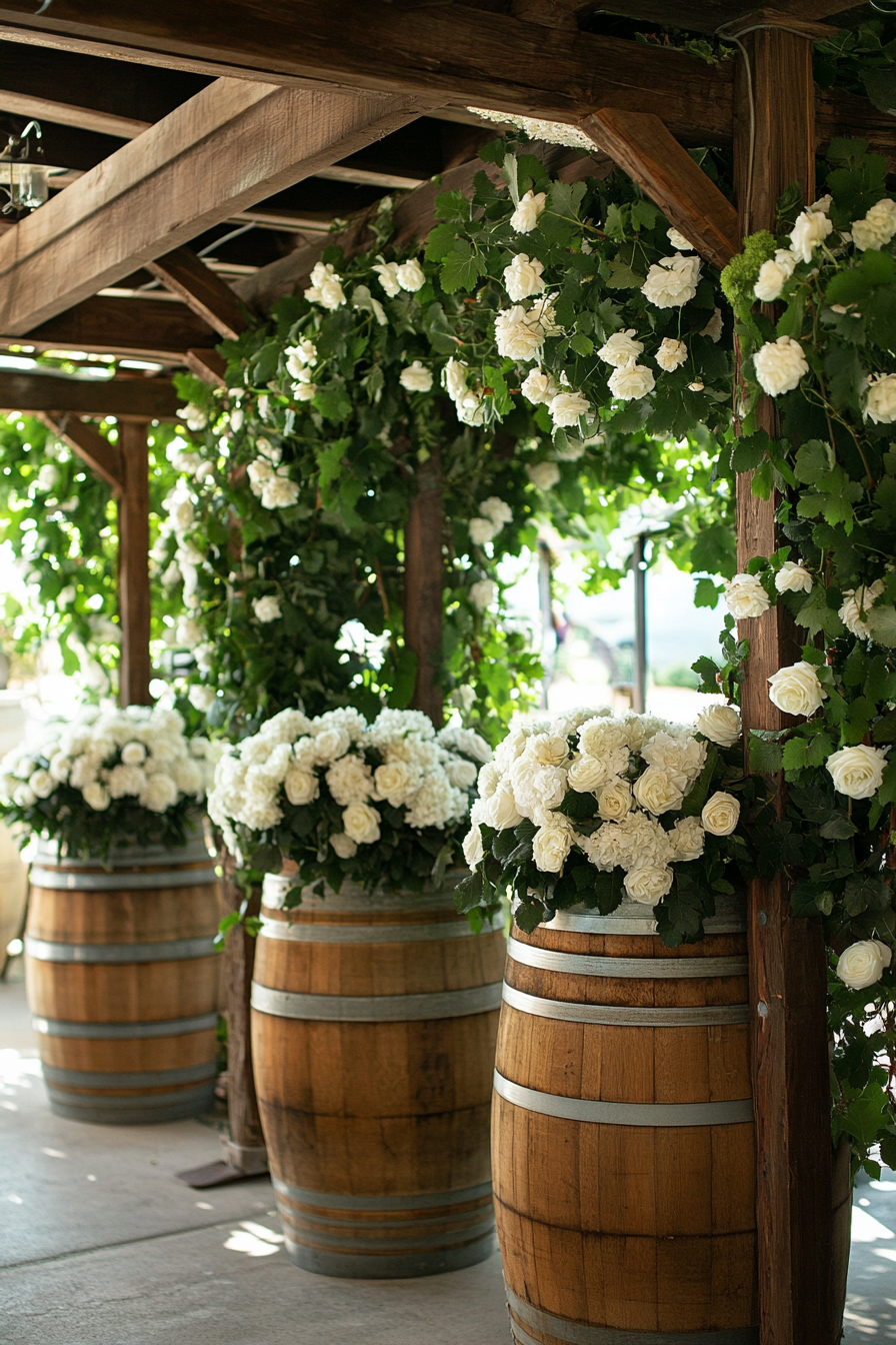 Wedding venue design. Oak barrel display with white roses and grape arbor archway.