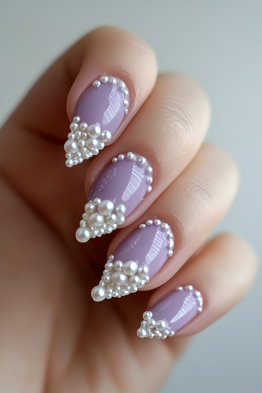 Wedding manicure. Pearl clusters on lavender French tips.