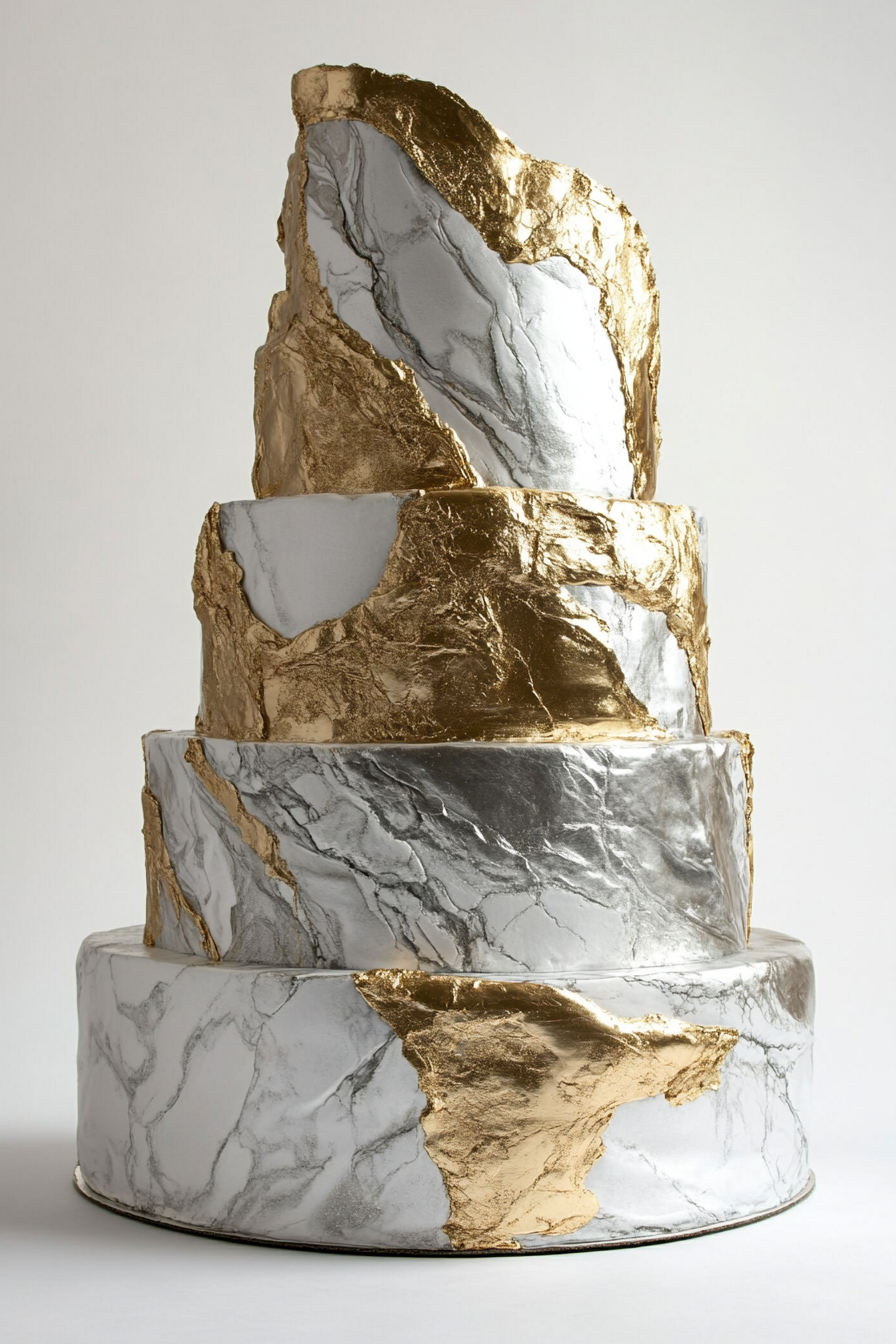 Wedding cake design. Gold veined marble with metallic silver tiers.