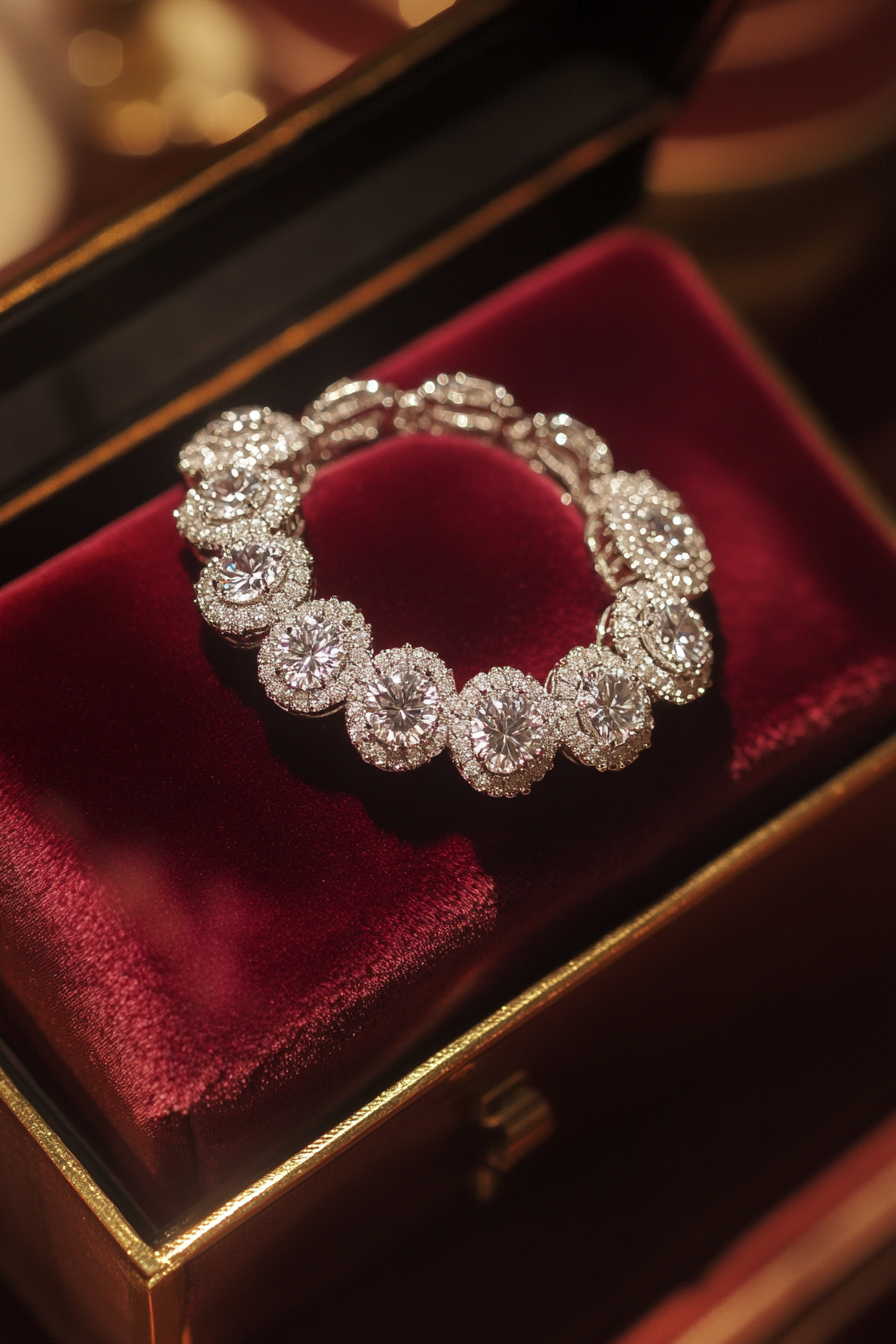 Wedding jewelry showcase. Platinum diamond bracelet on burgundy velvet box.