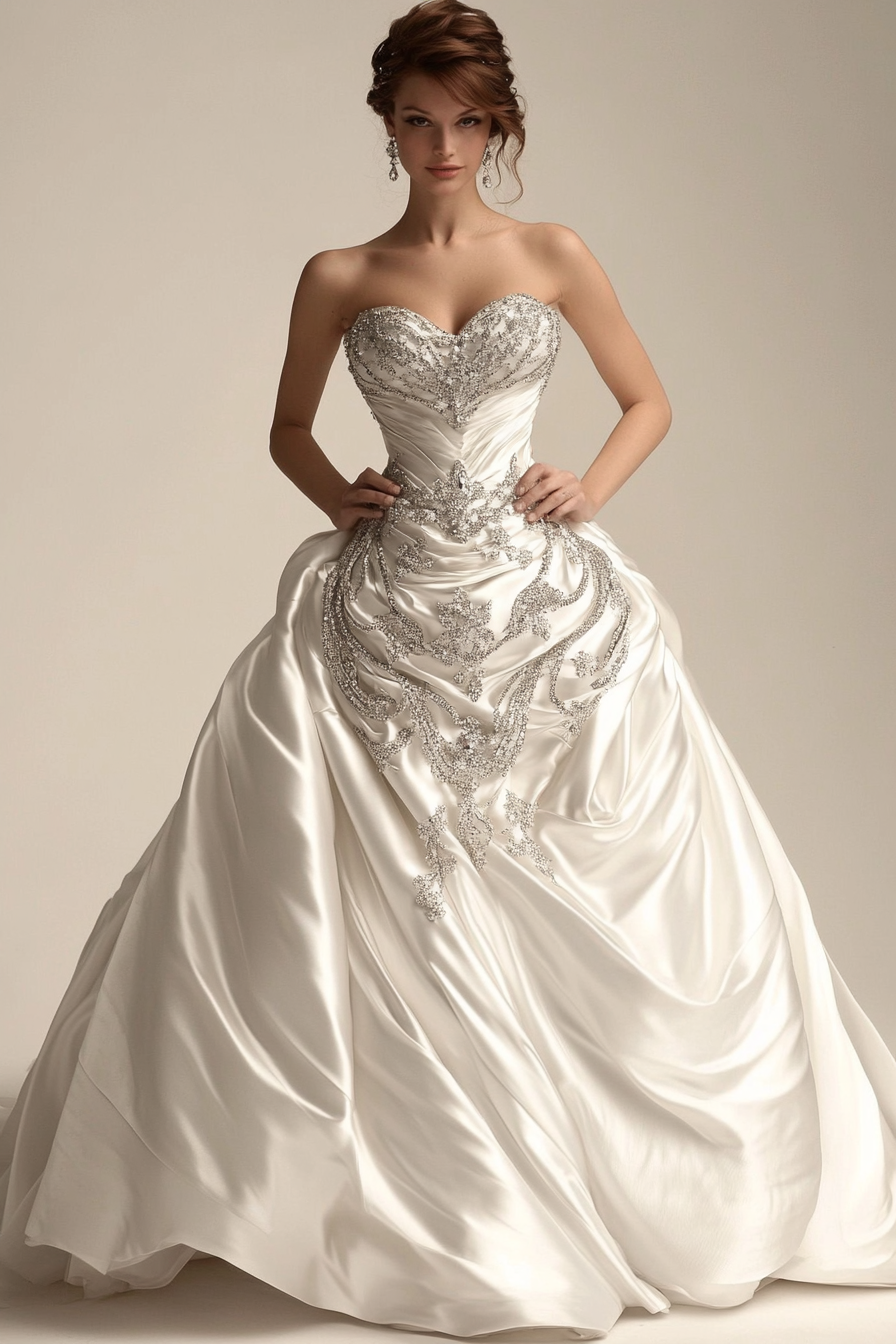 Wedding gown. Crystal-accented bodice with a cathedral train.