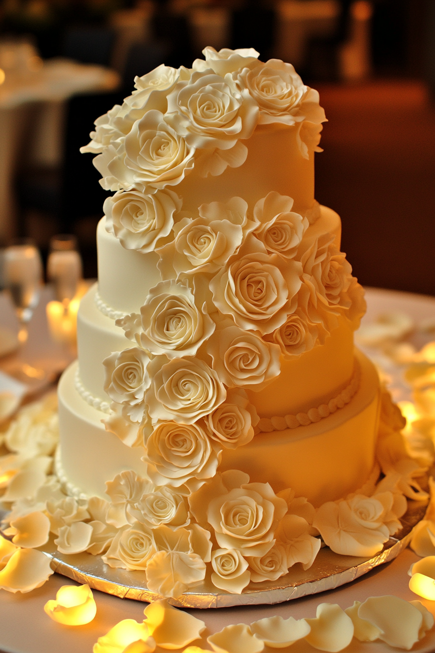 Wedding dessert display. Buttercream cake topped with handcrafted sugar roses and cascading petals.