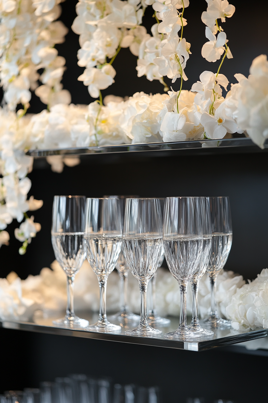 Wedding bar display. Floating shelves with white floral garlands and crystal champagne flutes.