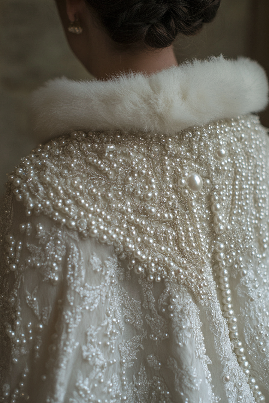 Wedding outerwear. Snow-white cloak with pearl beading and faux fur trim.