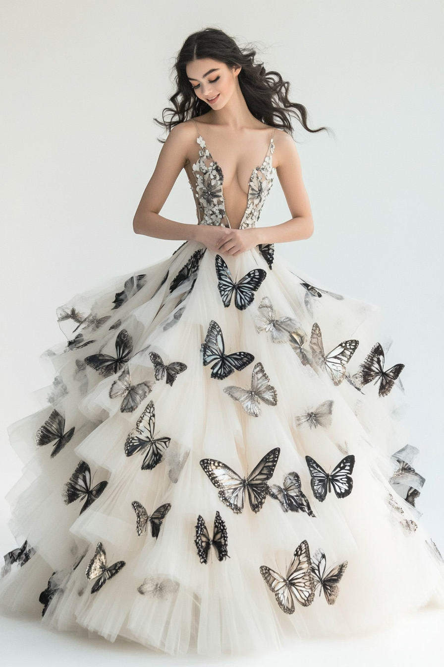 Wedding ball gown. Tulle layers with metallic butterfly appliques.