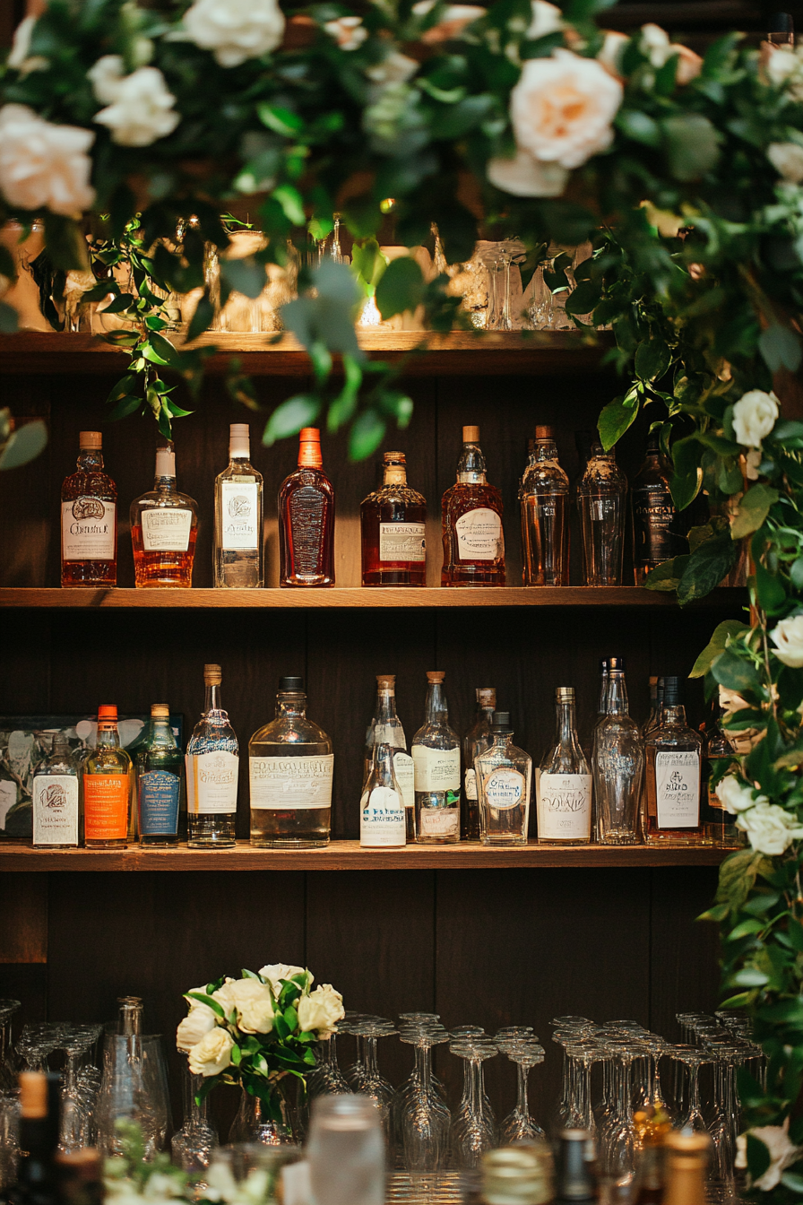 Wedding Bar Display. Floating brown wooden shelves garnished with fresh actoris floribunda garlands.