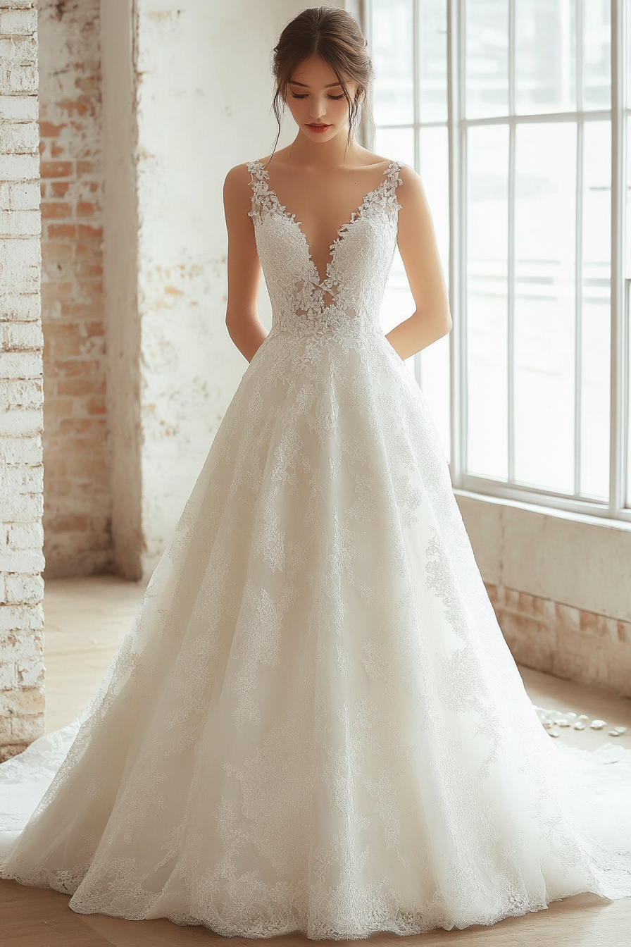 Wedding dress collection. A-line silhouette with Chantilly lace and pearl buttons.