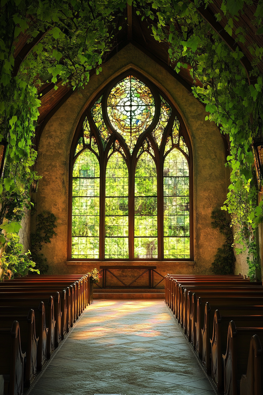 Wedding ceremony setting. Vintage church with large ivy-framed stained glass window.