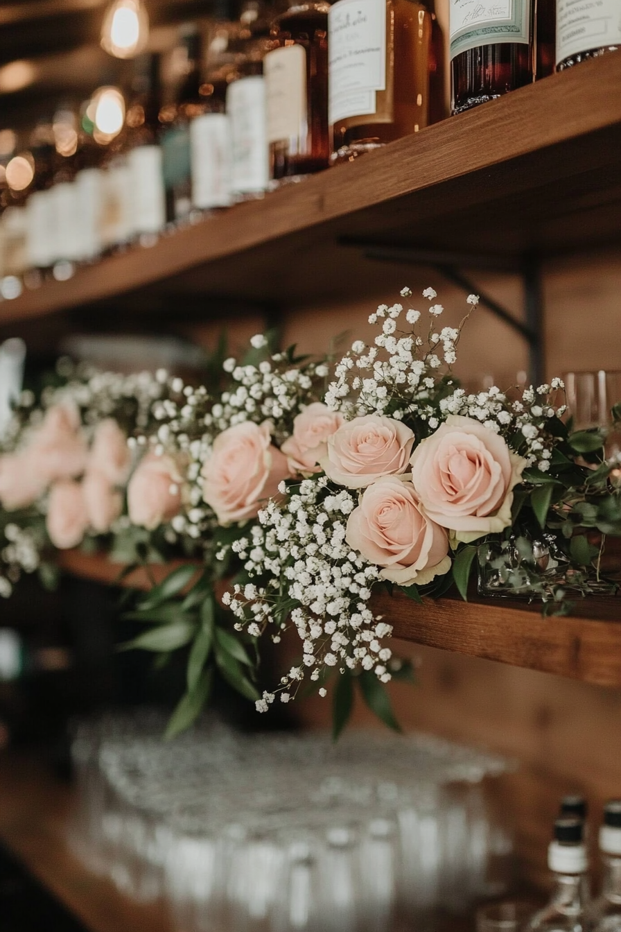 Wedding bar display. Floating shelves adorned with blush roses, greenery, and baby's breath.