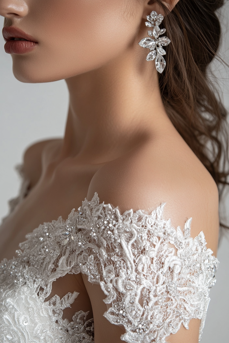 Wedding gown collection. Off-shoulder lace design with cathedral train and crystalized bodice.