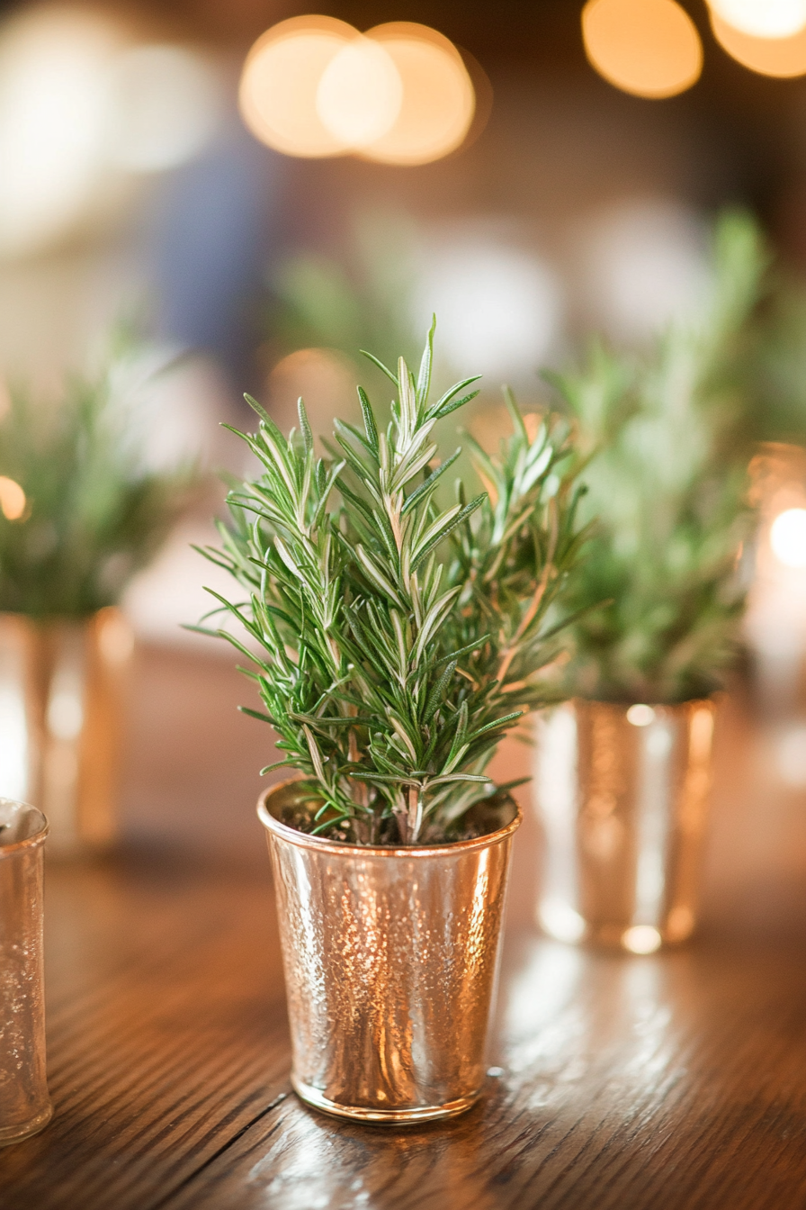 Wedding Reception Setup. Rosemary sprigs in mercury glass pots as table centerpieces.