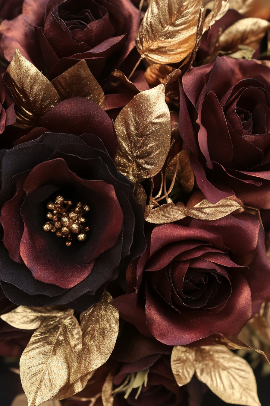 Wedding bouquet. burgundy roses with gold leaf accents.