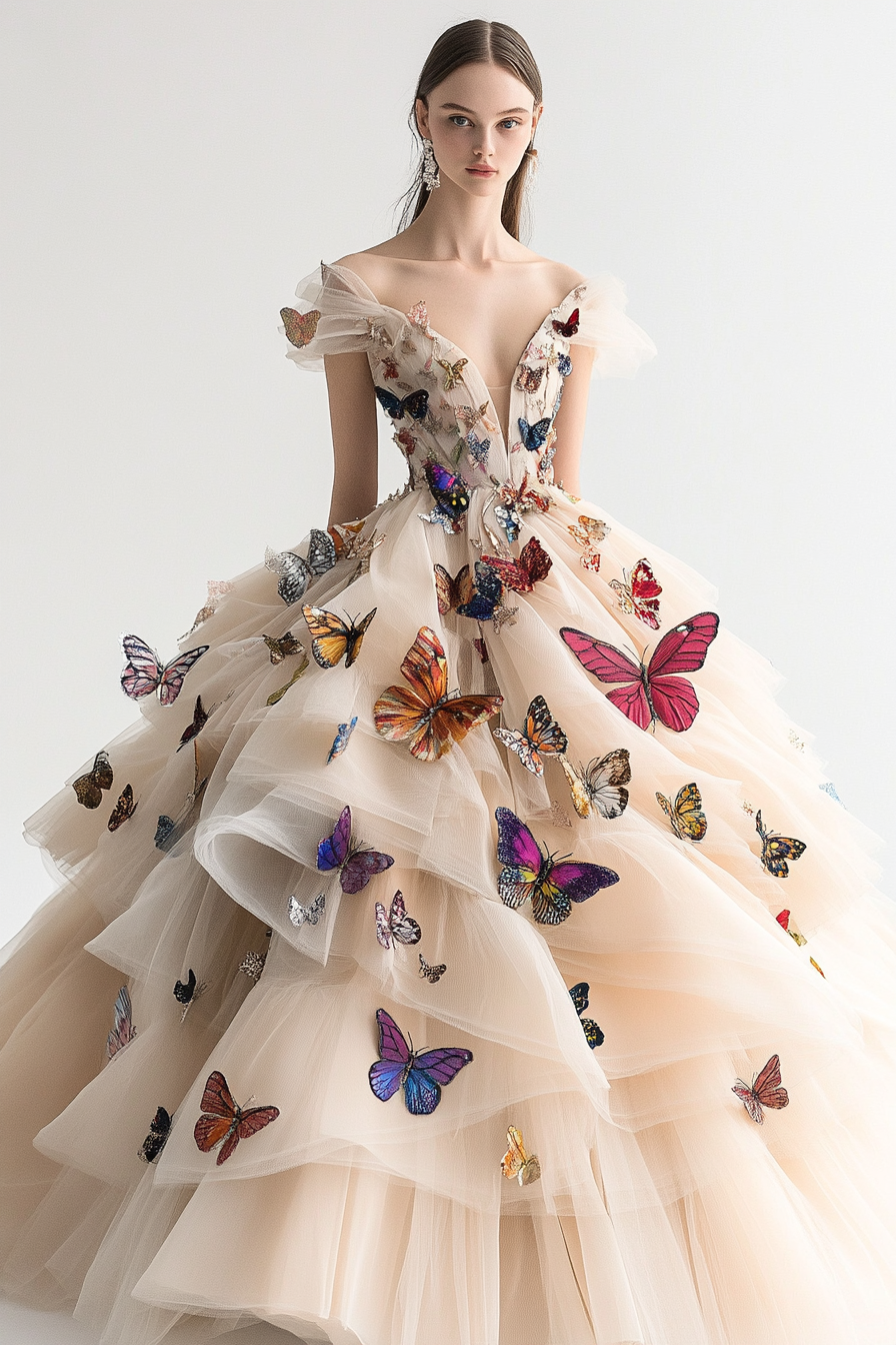 Wedding ball gown. Tulle layers with butterfly appliques.