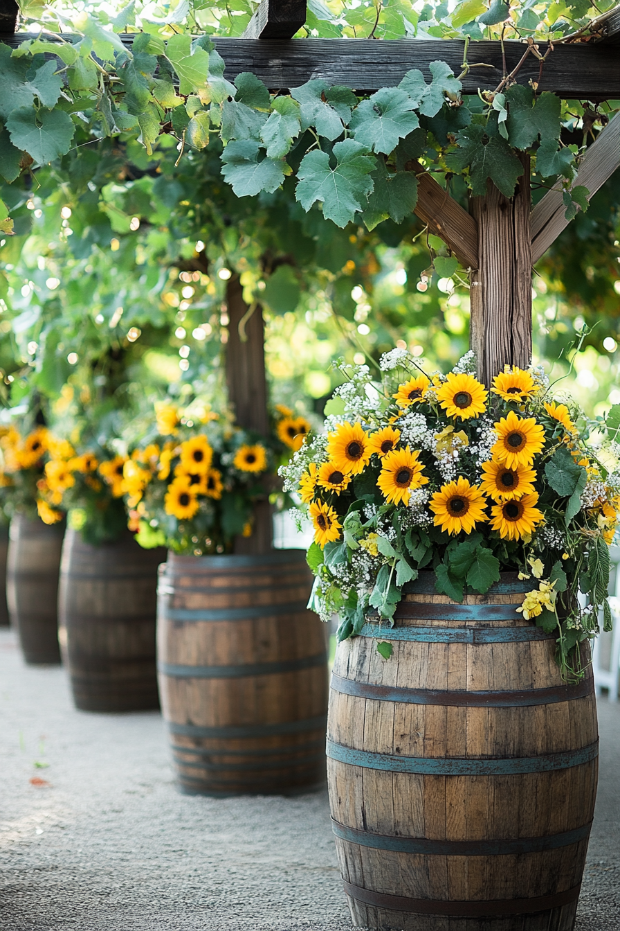 Wedding Venue Design. Barrel display adorned with sunflowers under a grape arbor.