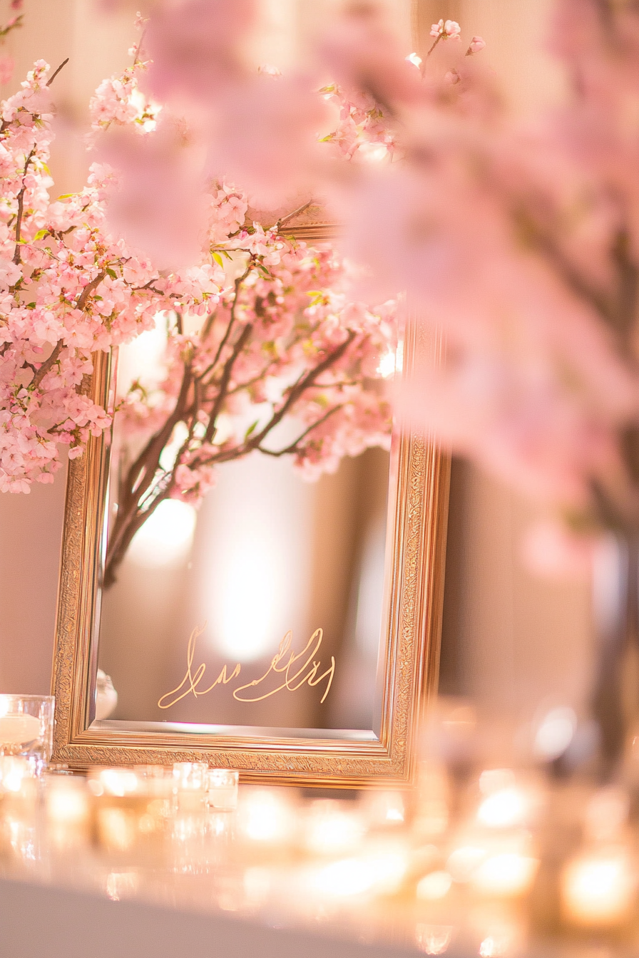 Wedding entrance display. Cherry blossom framed mirror with gold calligraphy.