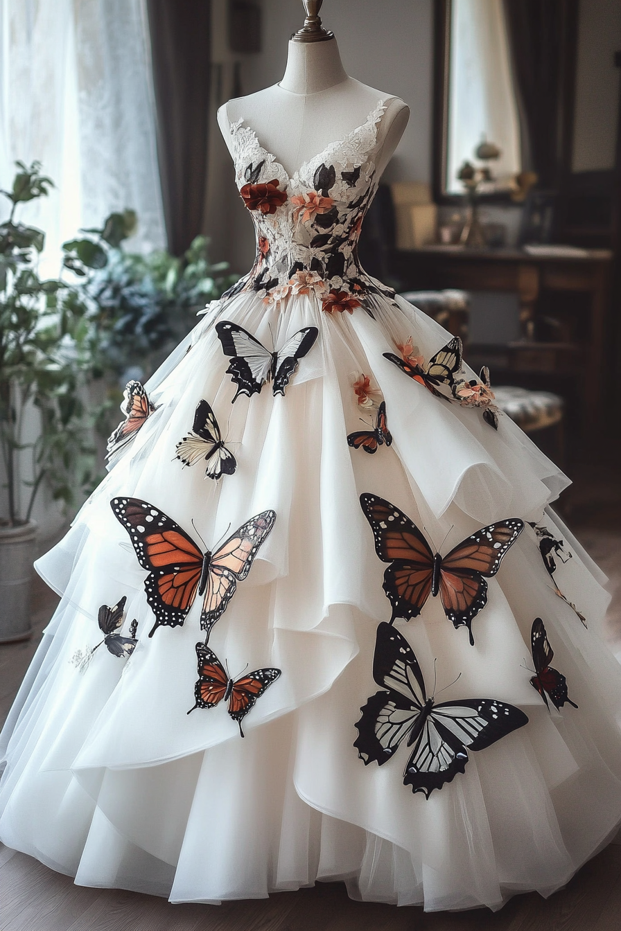 Wedding ball gown. Ivory tulle layers with 3D monarch butterfly appliques.