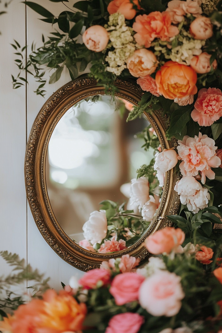 Wedding entrance display. Oval mirror calligraphy, peony floral frame.