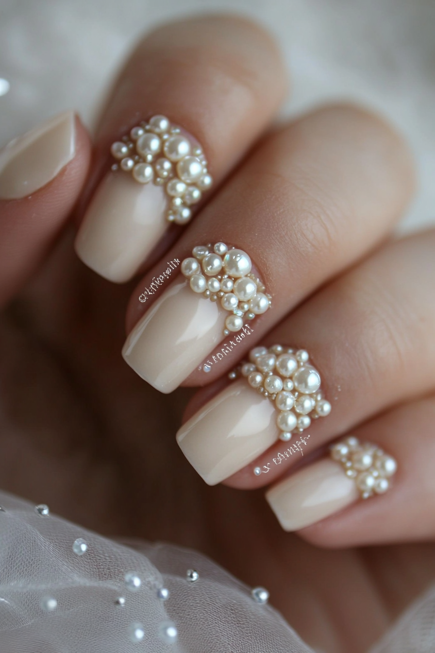 Wedding manicure. Creamy French tip with scattered pearl clusters.