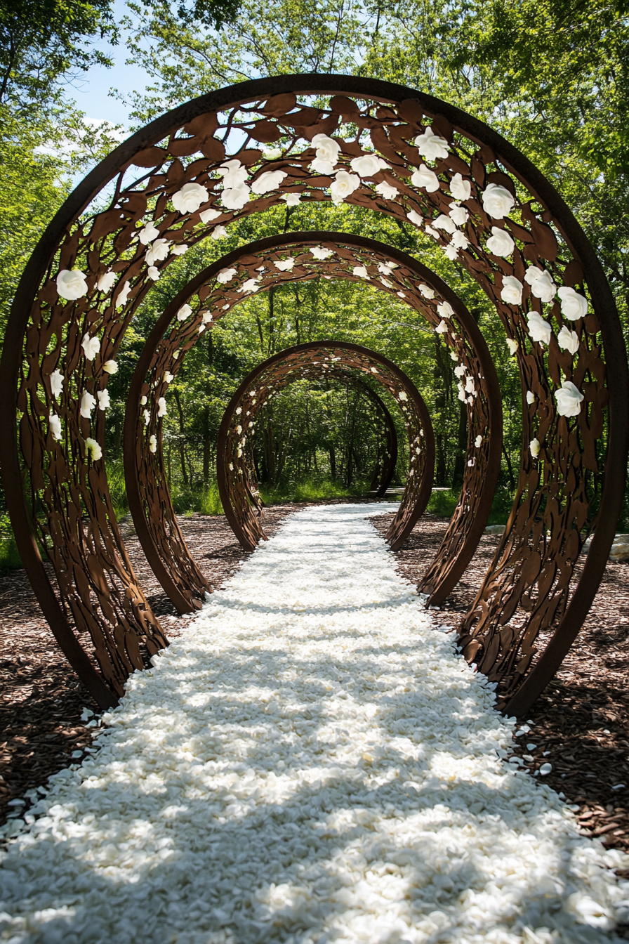 Wedding garden ceremony. White petal pathway in a metal rose archway.