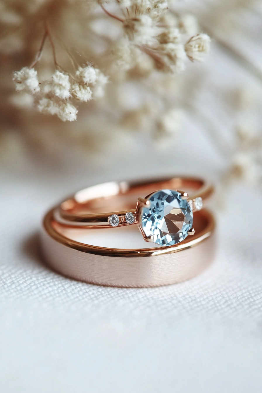 Wedding ring collection. Rose gold band with a hidden aquamarine gemstone.