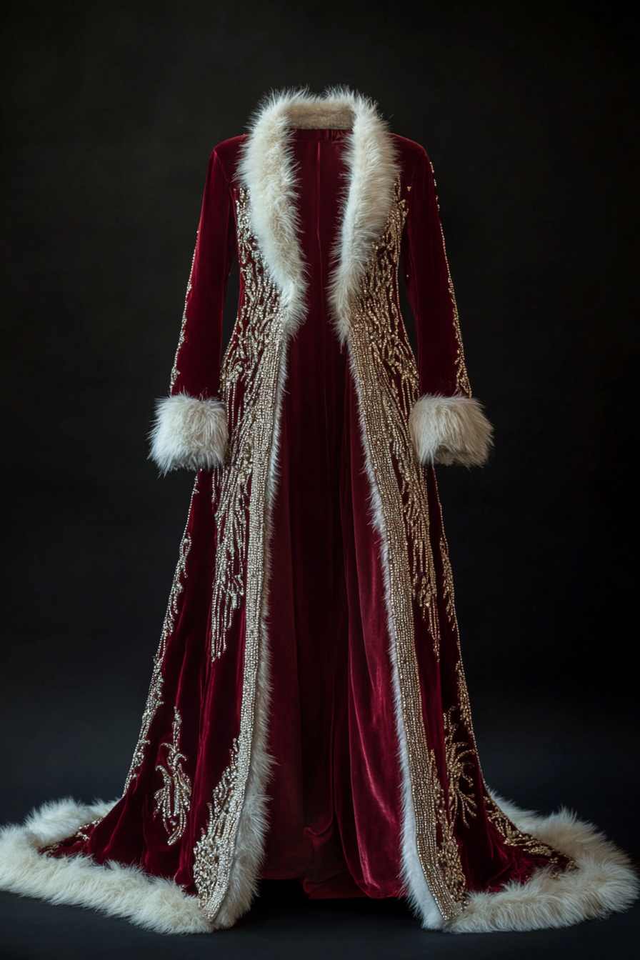 Wedding outerwear. Long velvet coat with pearl beading and faux fur trim.