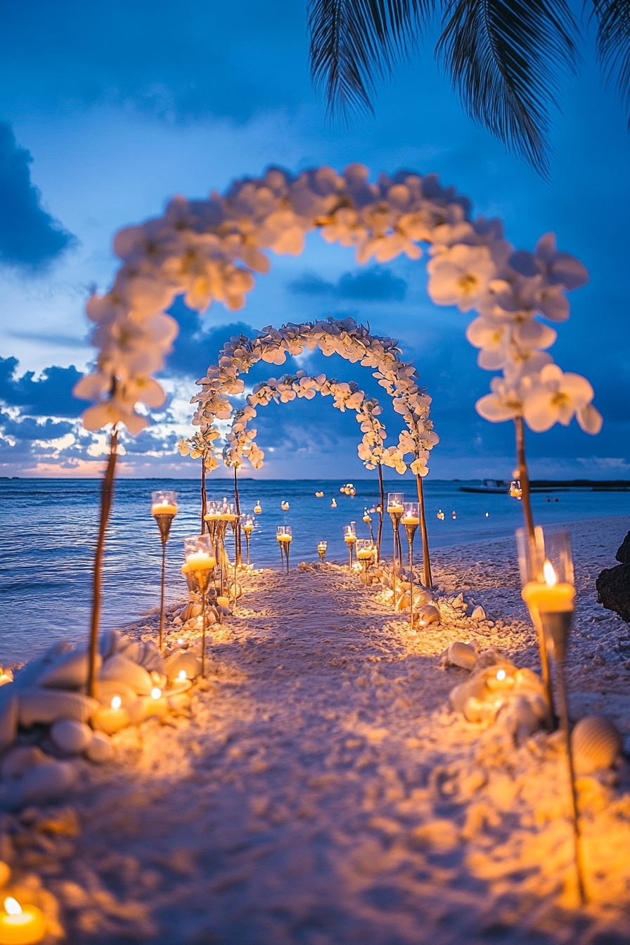 Wedding beach setup. Shell arch surrounded by tiki torches and floating white flowers.