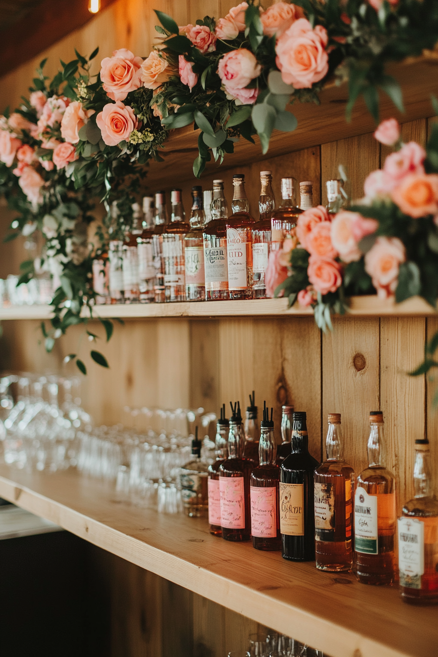 Wedding Bar Display. Floating shelves adorned with blush pink floral garlands.