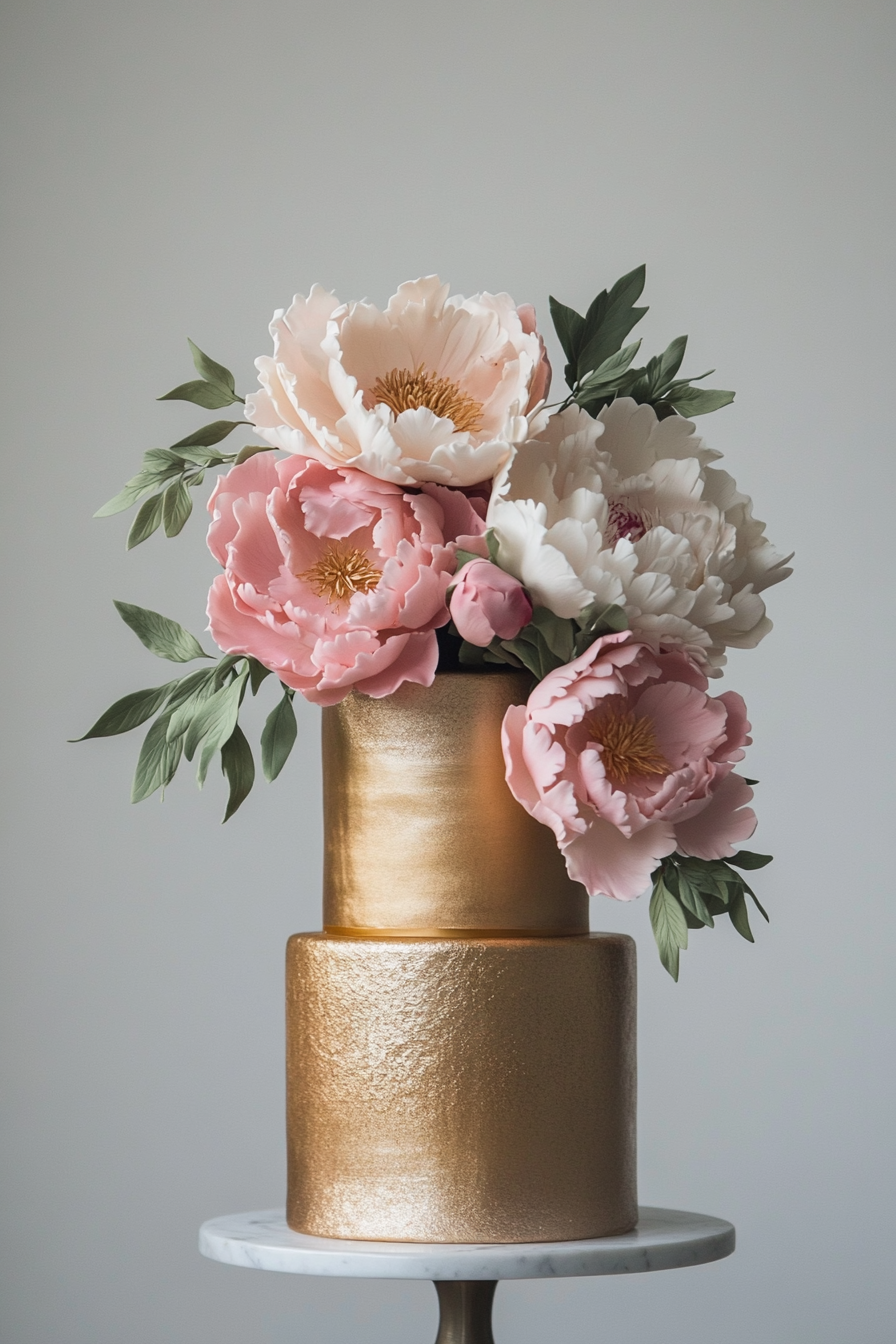 Wedding cake design. Gold veined, metallic tiered fondant with blush peonies.