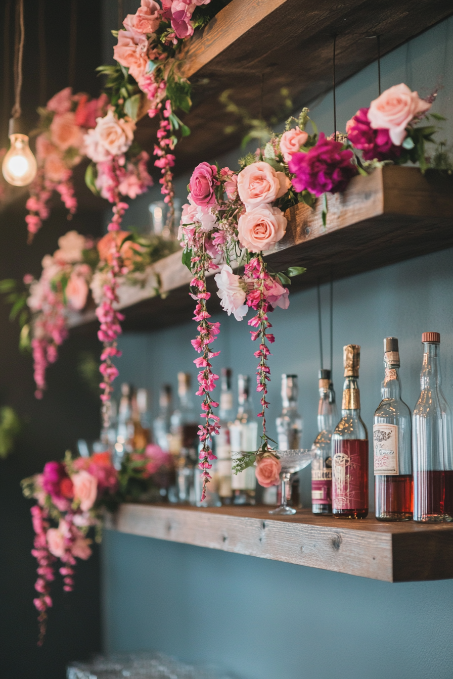 Wedding bar display. Floating shelves adorned with dangling pink and burgundy floral garlands.