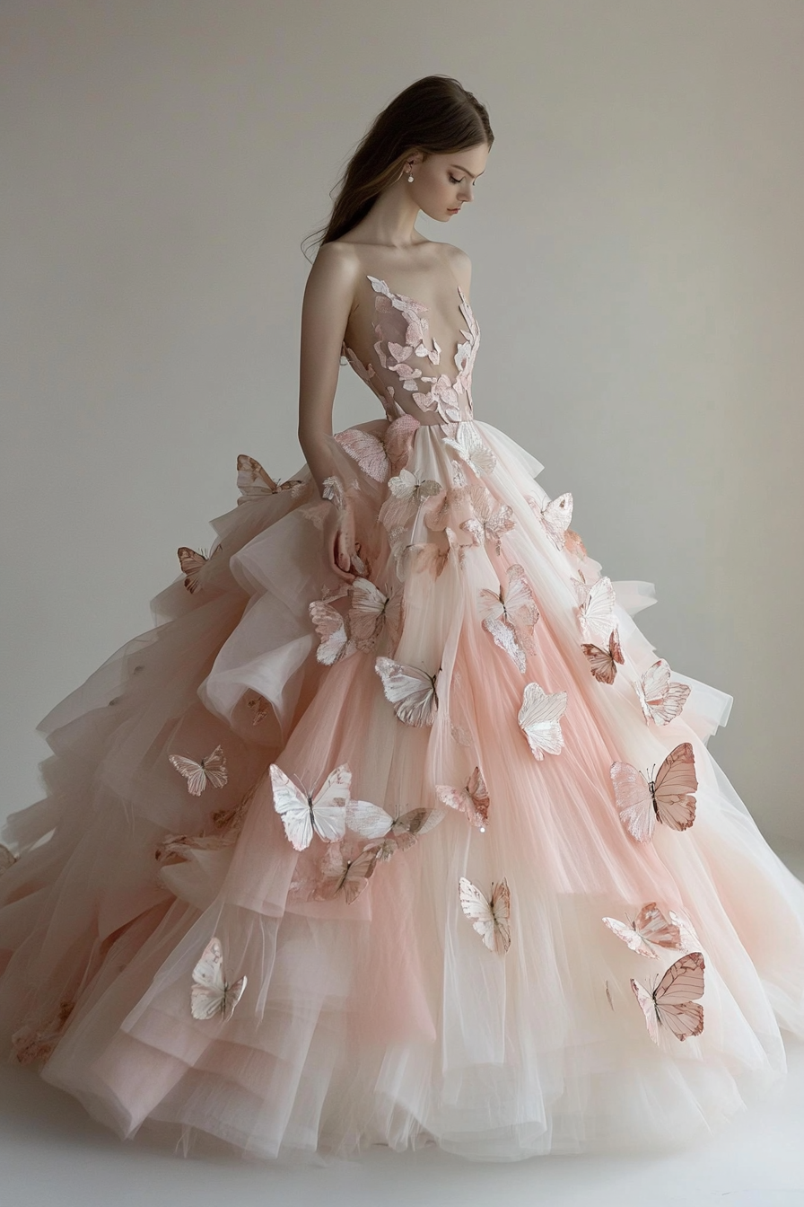 Wedding Ball Gown. Tulle layers with soft blush butterfly appliques.