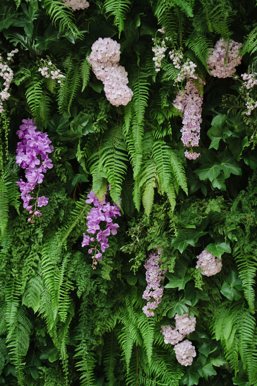 Wedding ceremony backdrop. Green ferns with wild lilac and hibiscus flowers.