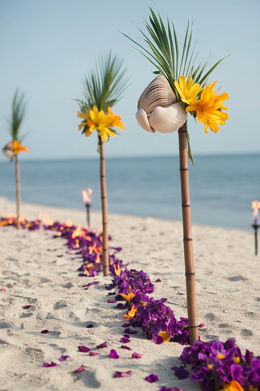 Wedding beach setup. Shell arch, tiki torches, floating purple and yellow flowers.