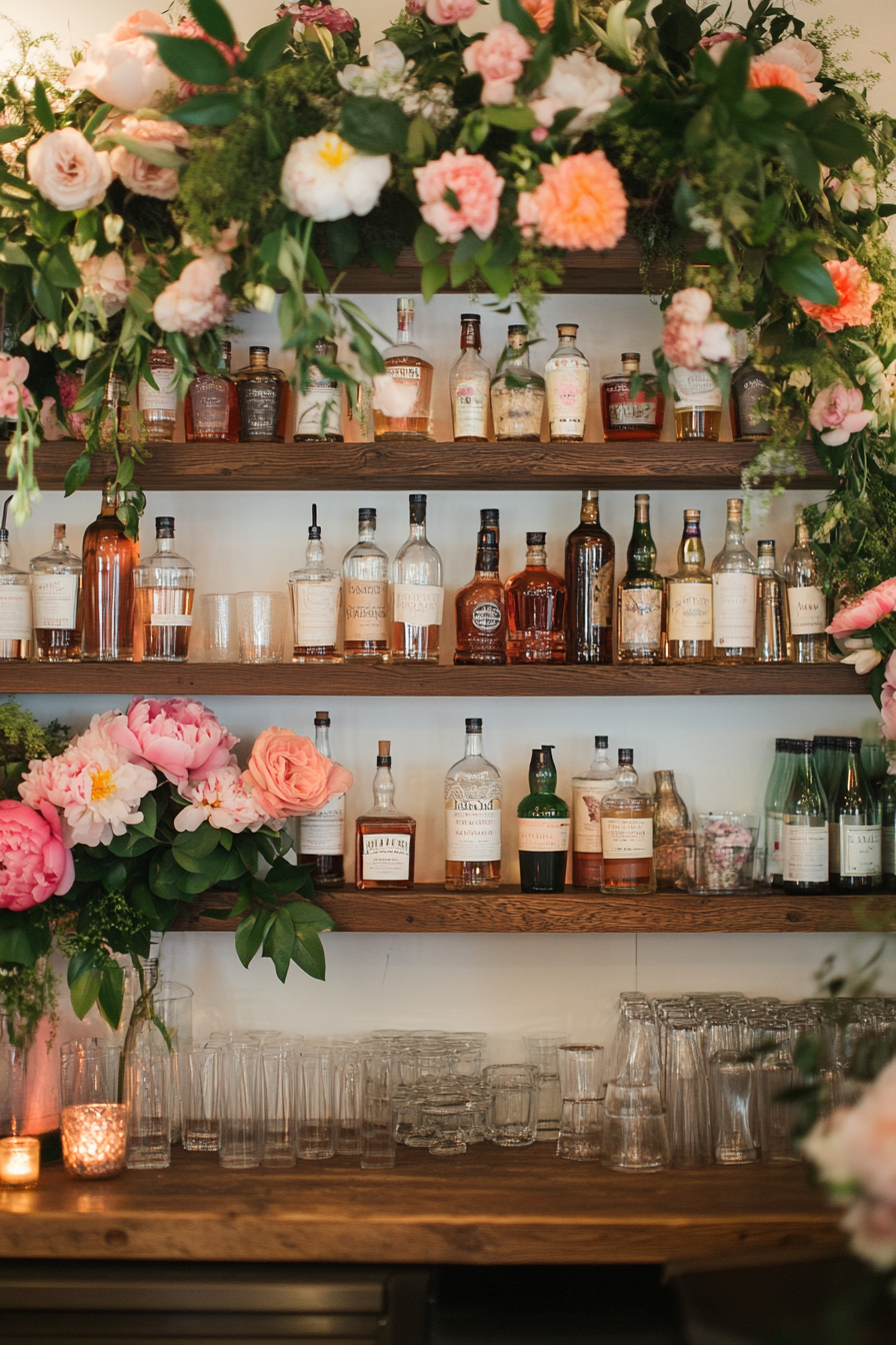 Wedding bar display. Floating shelves adorned with peonies and lily garlands.